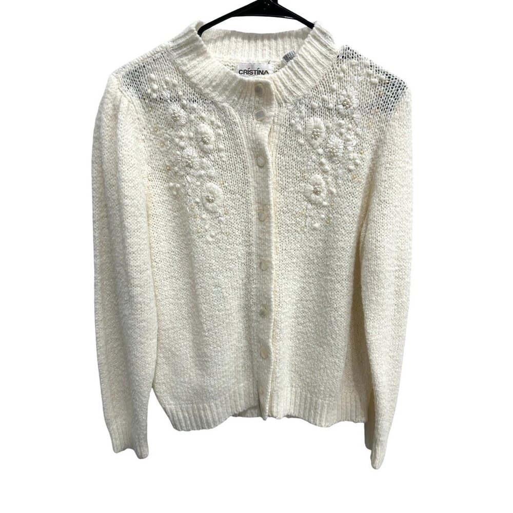 Vintage Cristina Ivory Knit Cardigan With Floral Embroidery and Pearl Accents SZ